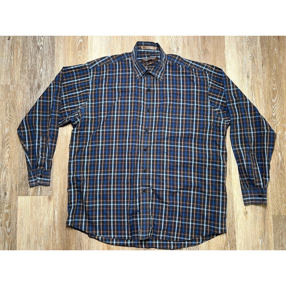 Forsyth of Canada Mens XL Button Down Shirt Navy Blue Plaid Wrinkle Free